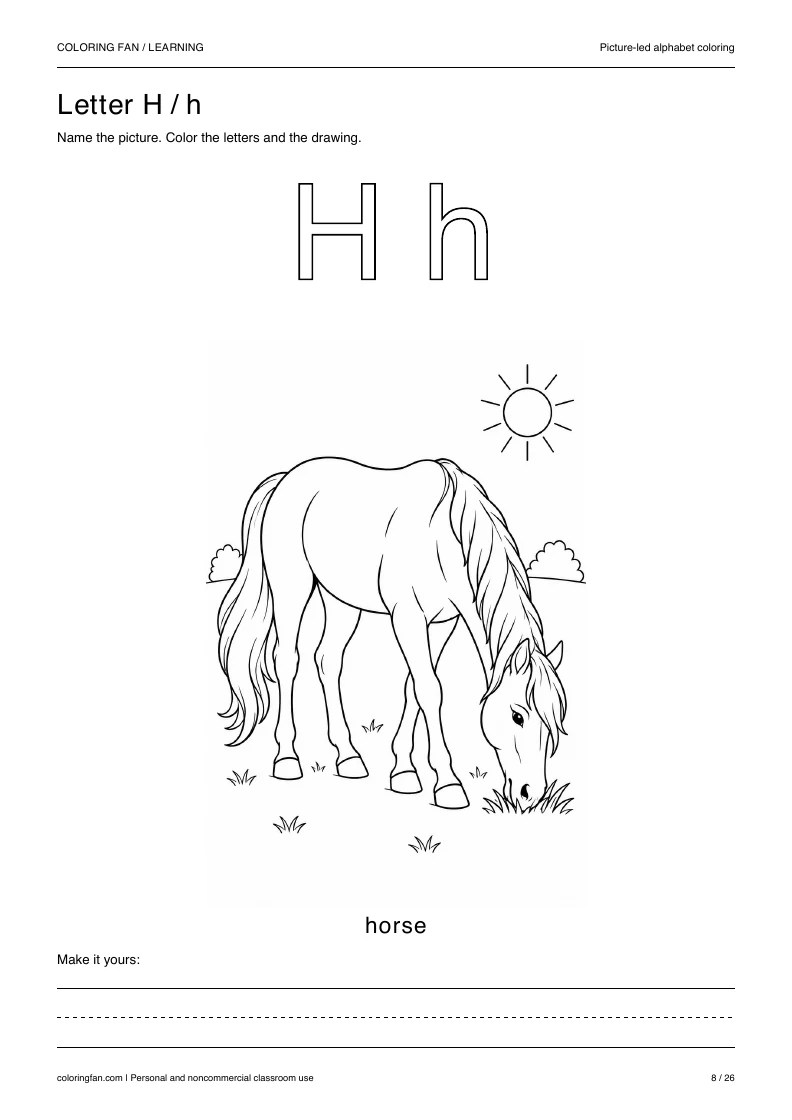 Actual pictures letter H A4 PDF preview: uppercase and lowercase outlines with a horse picture and writing space.