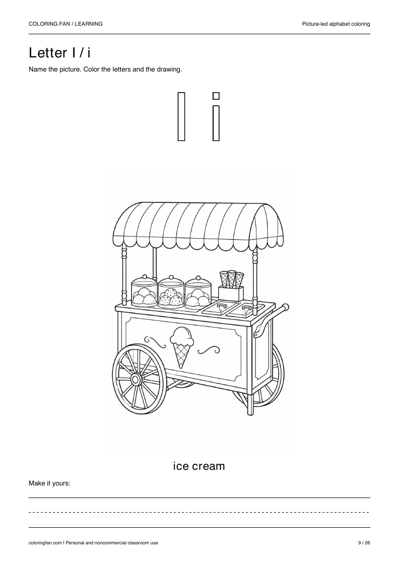 Actual pictures letter I A4 PDF preview: uppercase and lowercase outlines with a ice cream picture and writing space.