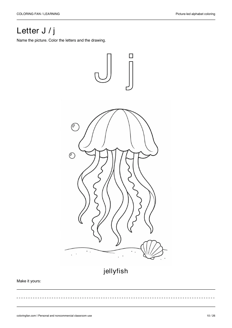 Actual pictures letter J A4 PDF preview: uppercase and lowercase outlines with a jellyfish picture and writing space.