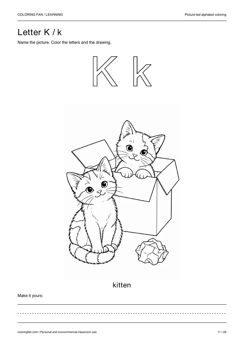 Actual pictures letter K A4 PDF preview: uppercase and lowercase outlines with a kitten picture and writing space.