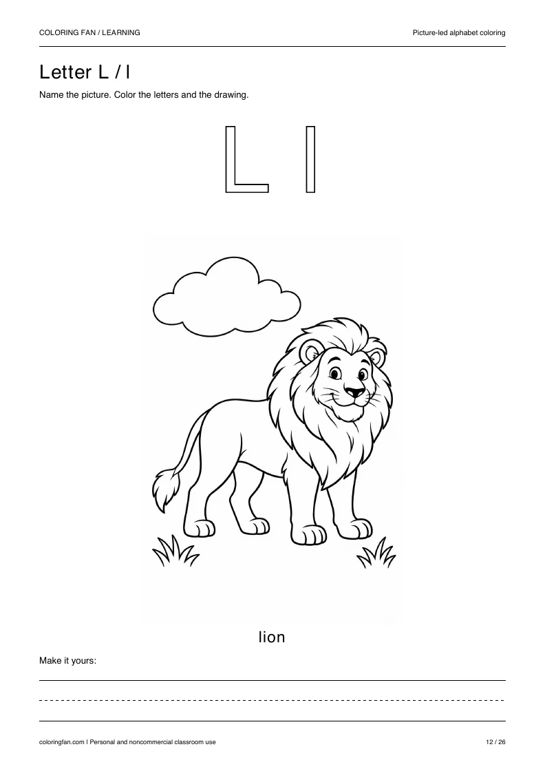 Actual pictures letter L A4 PDF preview: uppercase and lowercase outlines with a lion picture and writing space.