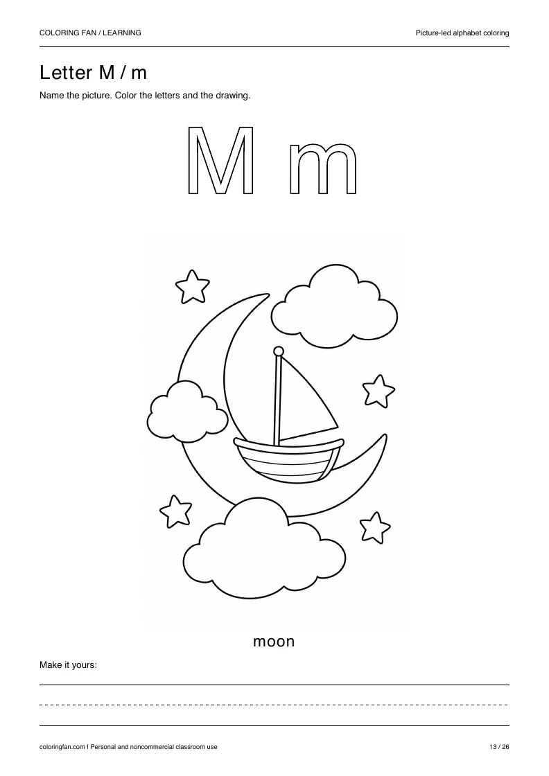 Actual pictures letter M A4 PDF preview: uppercase and lowercase outlines with a moon picture and writing space.