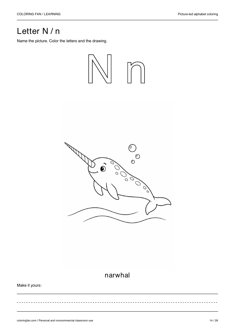 Actual pictures letter N A4 PDF preview: uppercase and lowercase outlines with a narwhal picture and writing space.