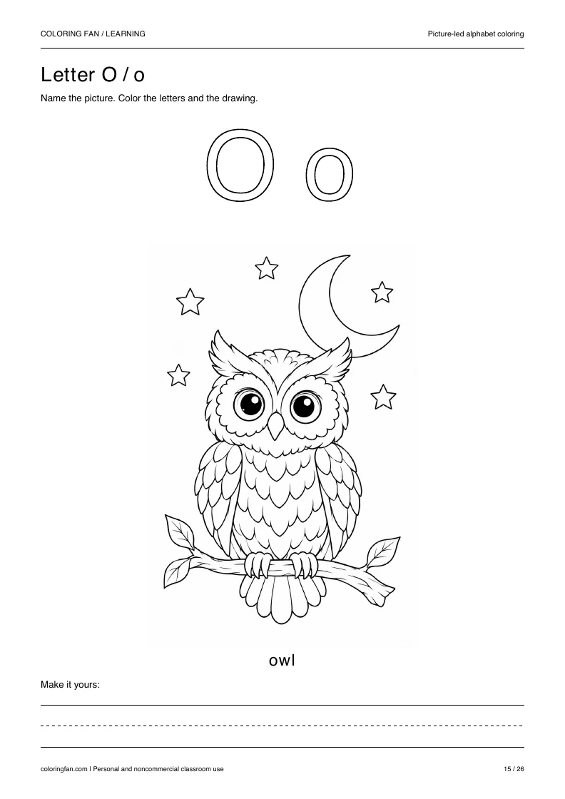 Actual pictures letter O A4 PDF preview: uppercase and lowercase outlines with a owl picture and writing space.