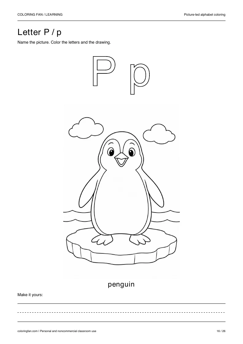 Actual pictures letter P A4 PDF preview: uppercase and lowercase outlines with a penguin picture and writing space.