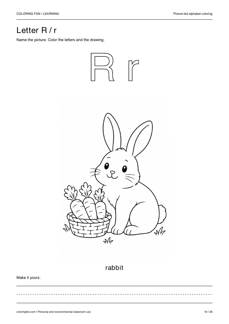 Actual pictures letter R A4 PDF preview: uppercase and lowercase outlines with a rabbit picture and writing space.