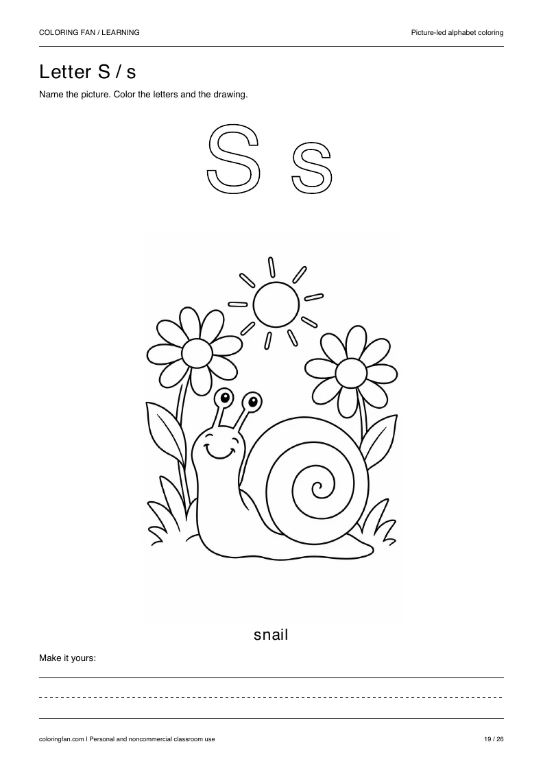 Actual pictures letter S A4 PDF preview: uppercase and lowercase outlines with a snail picture and writing space.