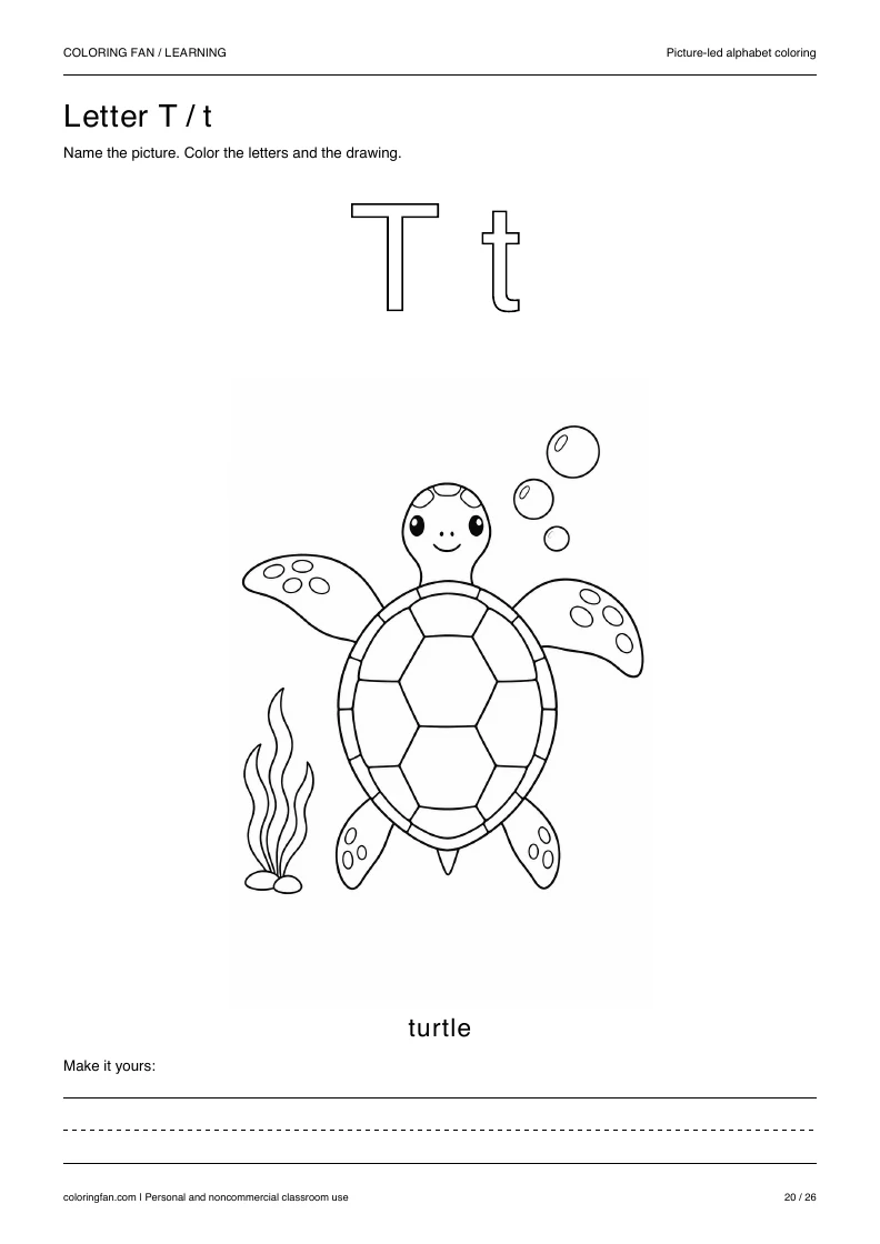 Actual pictures letter T A4 PDF preview: uppercase and lowercase outlines with a turtle picture and writing space.