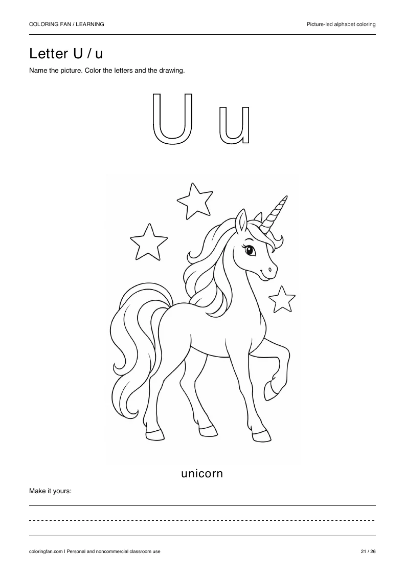Actual pictures letter U A4 PDF preview: uppercase and lowercase outlines with a unicorn picture and writing space.
