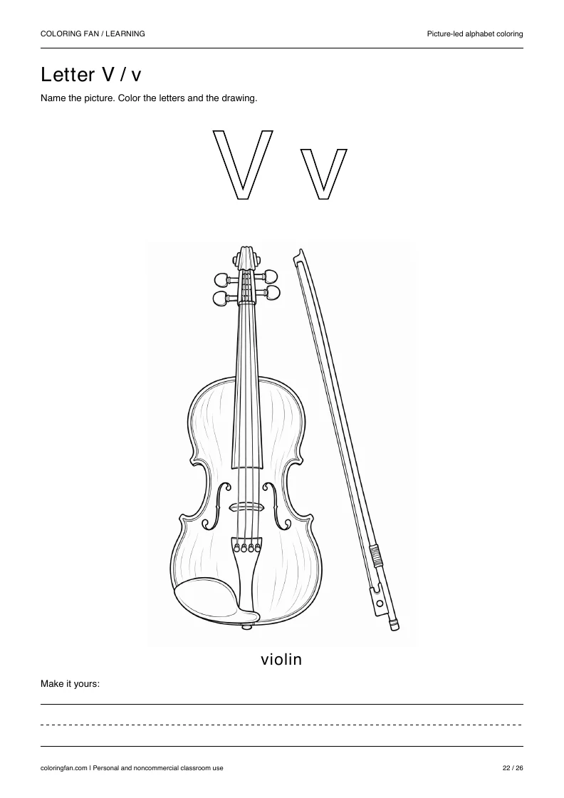 Actual pictures letter V A4 PDF preview: uppercase and lowercase outlines with a violin picture and writing space.