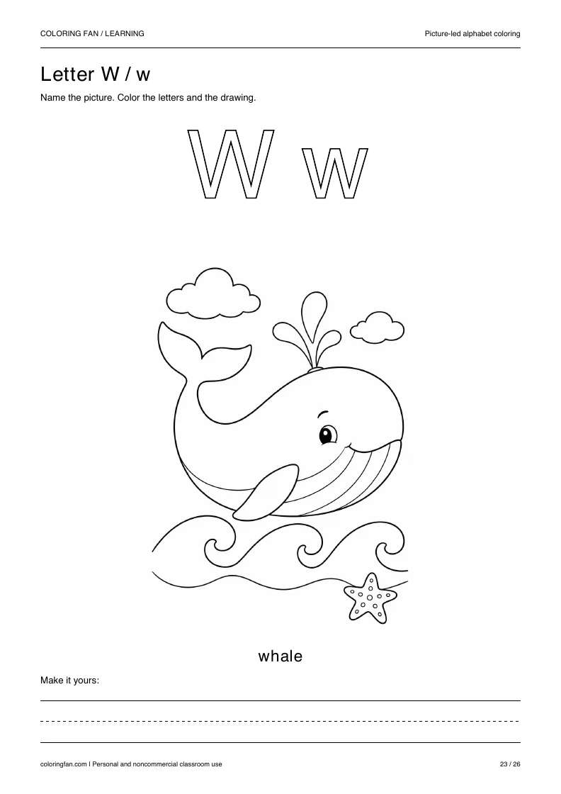 Actual pictures letter W A4 PDF preview: uppercase and lowercase outlines with a whale picture and writing space.