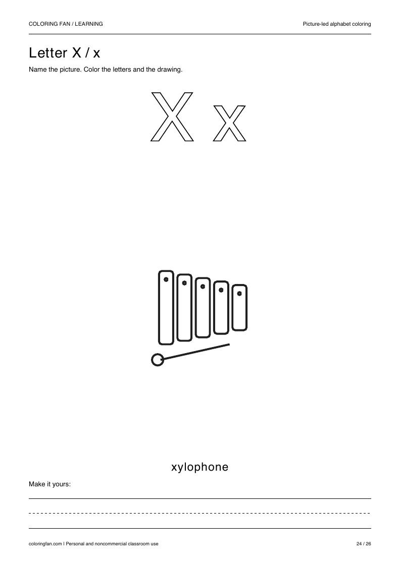 Actual pictures letter X A4 PDF preview: uppercase and lowercase outlines with a xylophone picture and writing space.