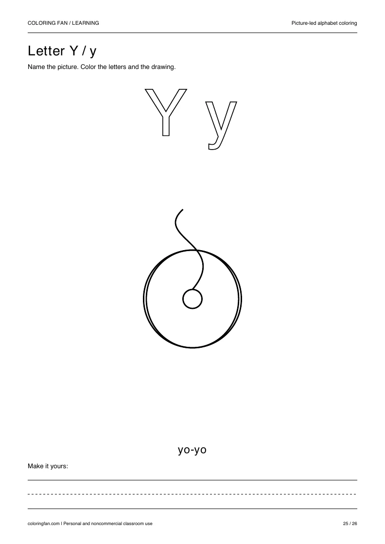 Actual pictures letter Y A4 PDF preview: uppercase and lowercase outlines with a yo-yo picture and writing space.