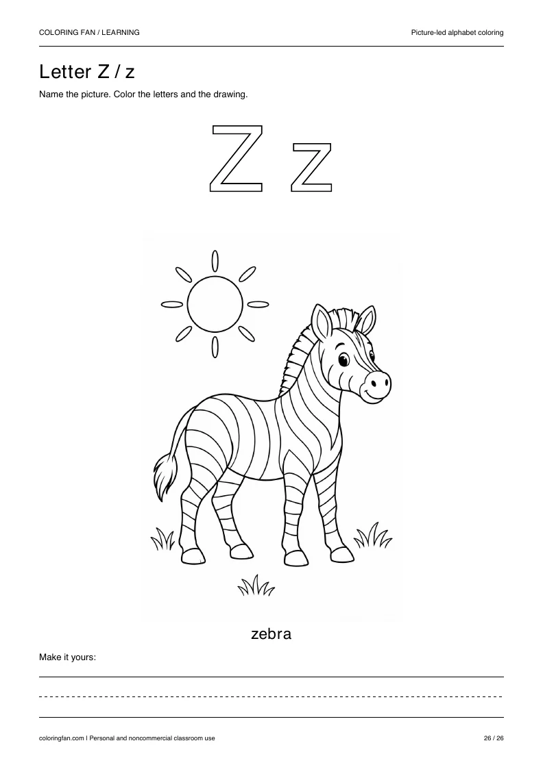 Actual pictures letter Z A4 PDF preview: uppercase and lowercase outlines with a zebra picture and writing space.