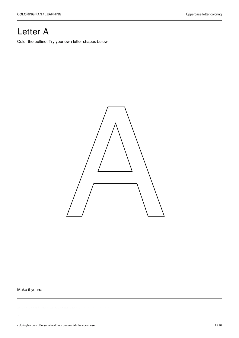 Actual uppercase letter A A4 PDF preview: large outlined letter shapes and three writing guides.
