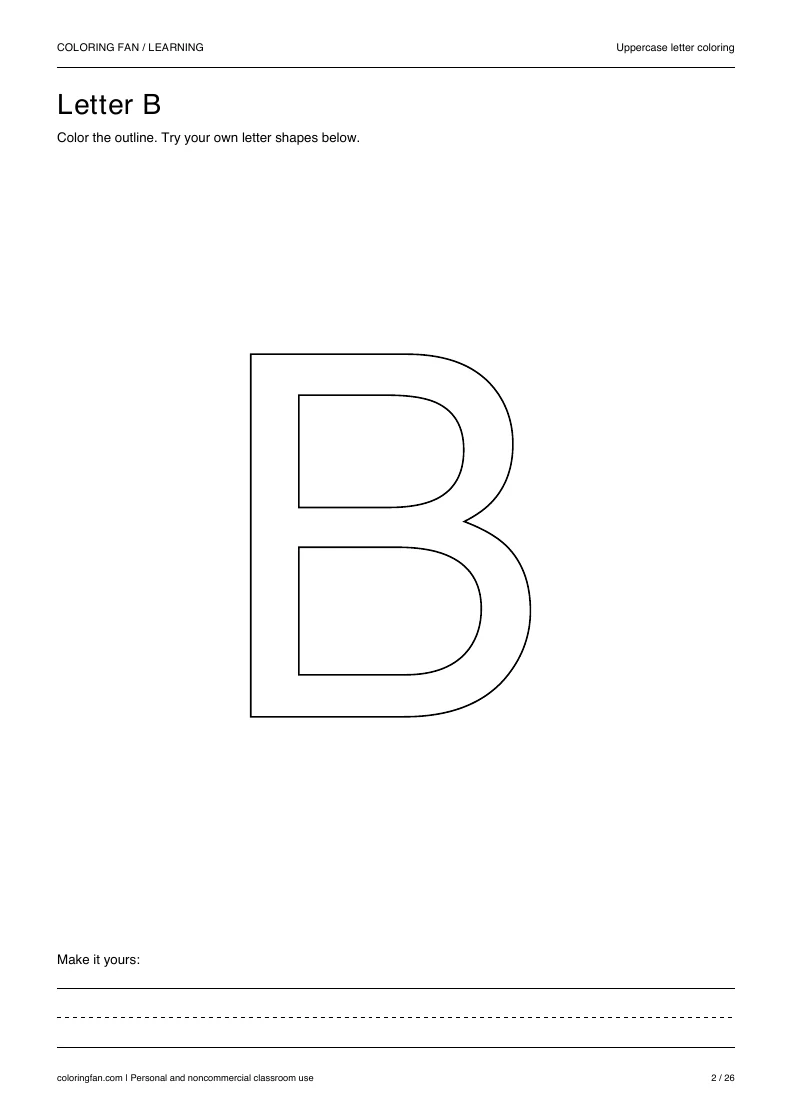 Actual uppercase letter B A4 PDF preview: large outlined letter shapes and three writing guides.