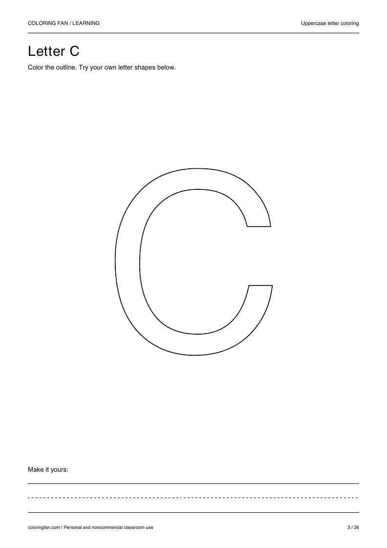 Actual uppercase letter C A4 PDF preview: large outlined letter shapes and three writing guides.