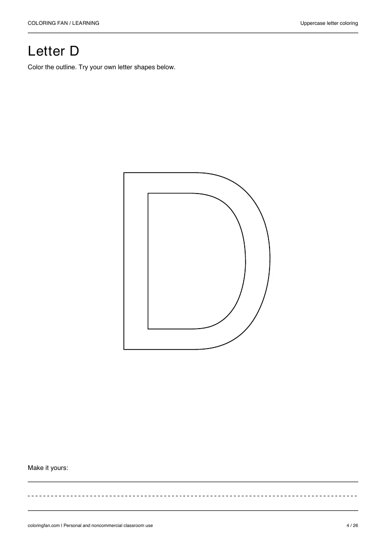Actual uppercase letter D A4 PDF preview: large outlined letter shapes and three writing guides.
