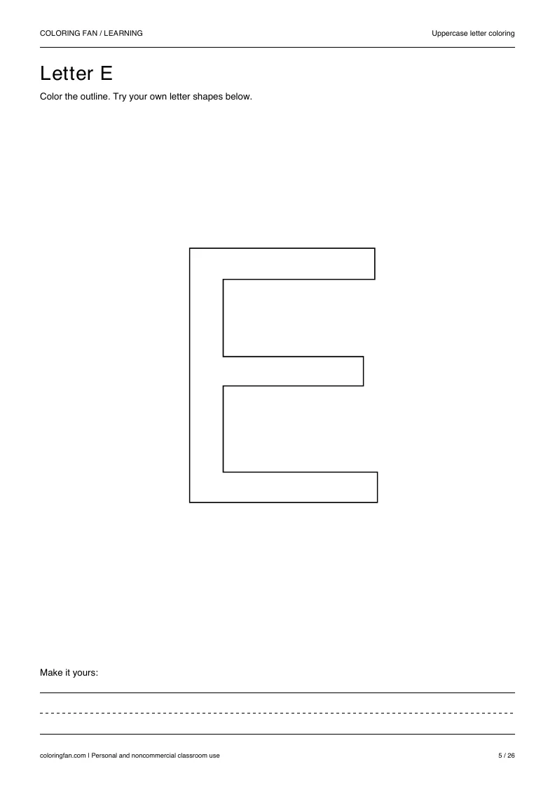 Actual uppercase letter E A4 PDF preview: large outlined letter shapes and three writing guides.