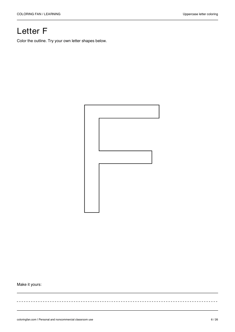 Actual uppercase letter F A4 PDF preview: large outlined letter shapes and three writing guides.