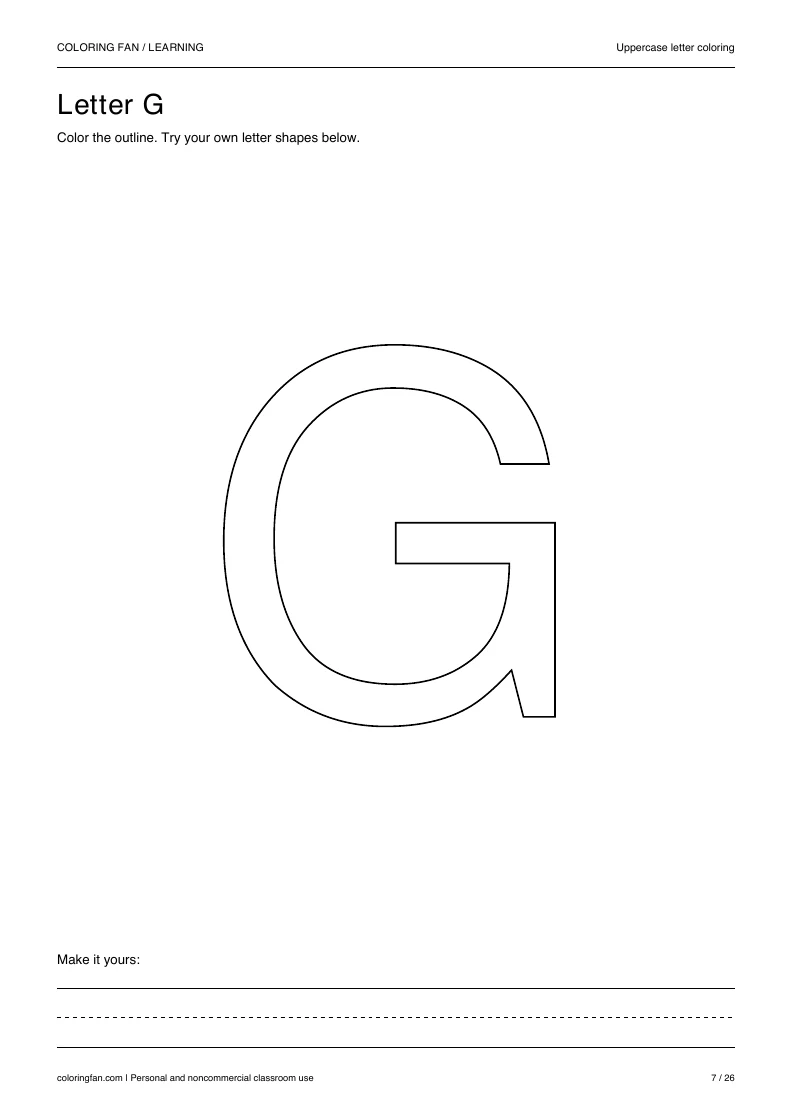 Actual uppercase letter G A4 PDF preview: large outlined letter shapes and three writing guides.