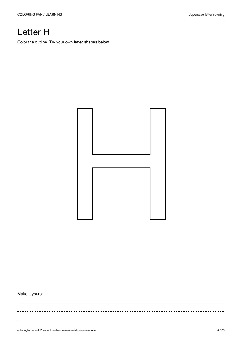 Actual uppercase letter H A4 PDF preview: large outlined letter shapes and three writing guides.