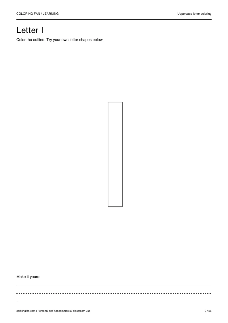 Actual uppercase letter I A4 PDF preview: large outlined letter shapes and three writing guides.