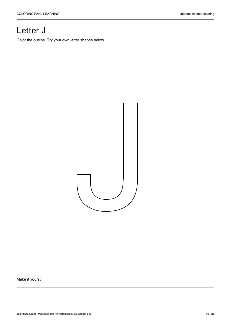 Actual uppercase letter J A4 PDF preview: large outlined letter shapes and three writing guides.