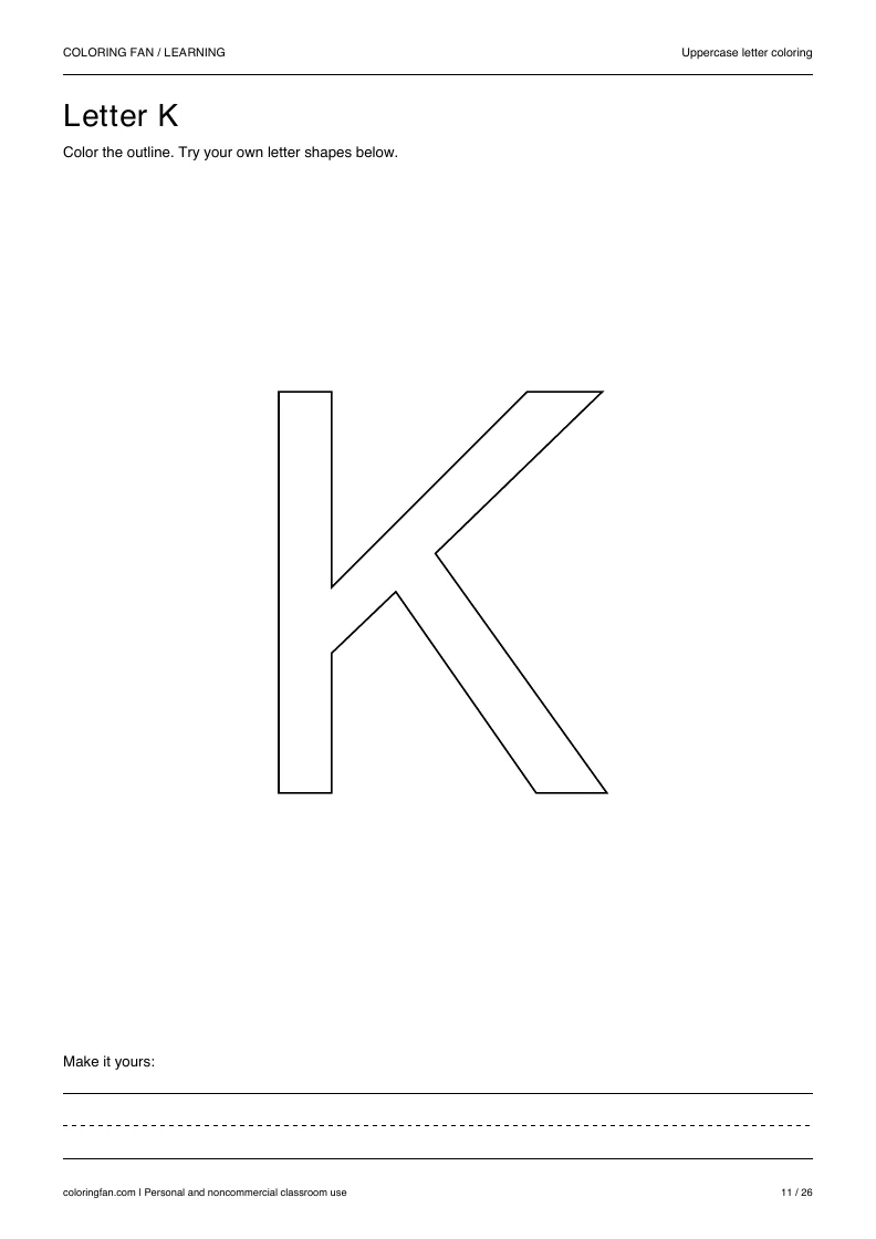 Actual uppercase letter K A4 PDF preview: large outlined letter shapes and three writing guides.