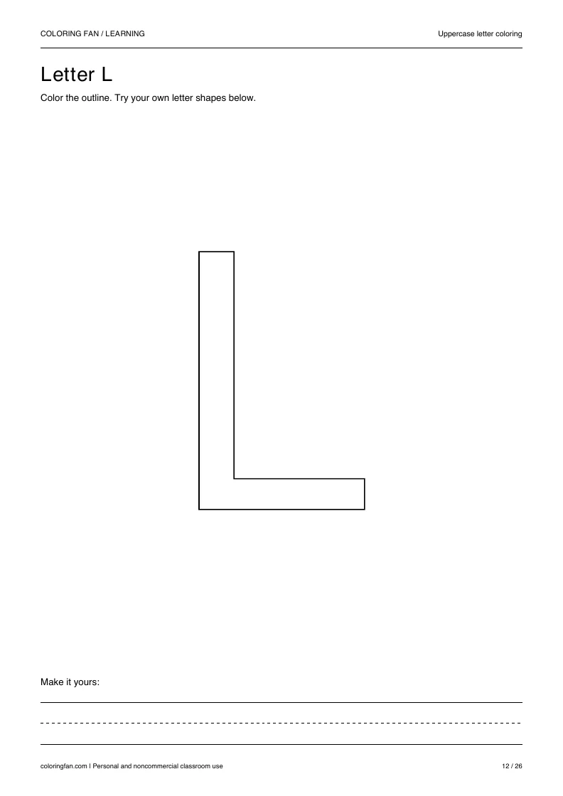 Actual uppercase letter L A4 PDF preview: large outlined letter shapes and three writing guides.