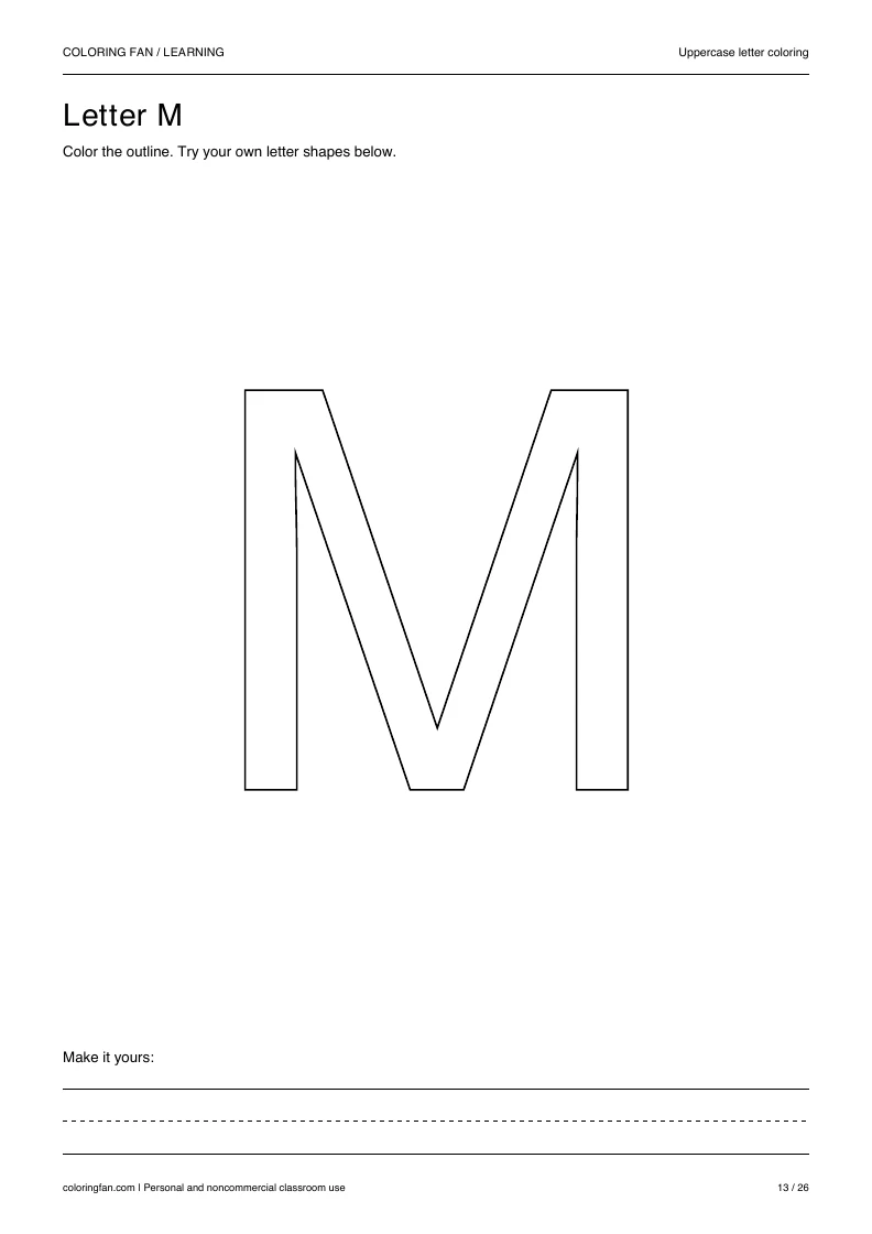 Actual uppercase letter M A4 PDF preview: large outlined letter shapes and three writing guides.