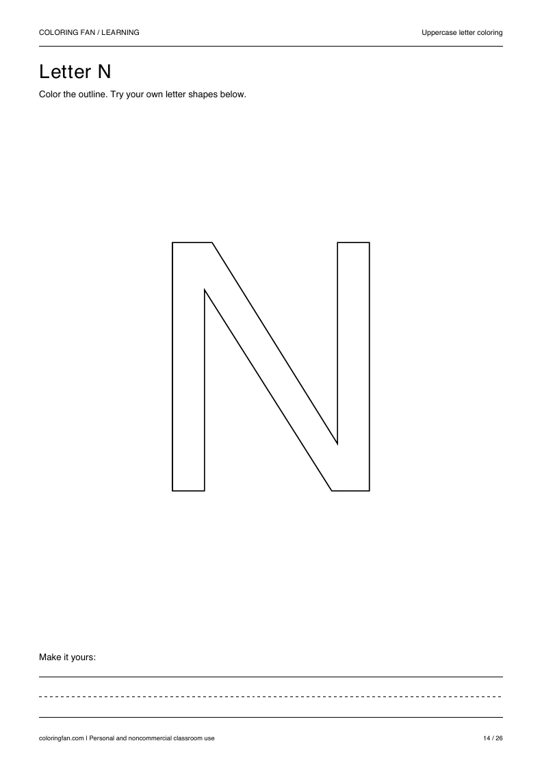 Actual uppercase letter N A4 PDF preview: large outlined letter shapes and three writing guides.