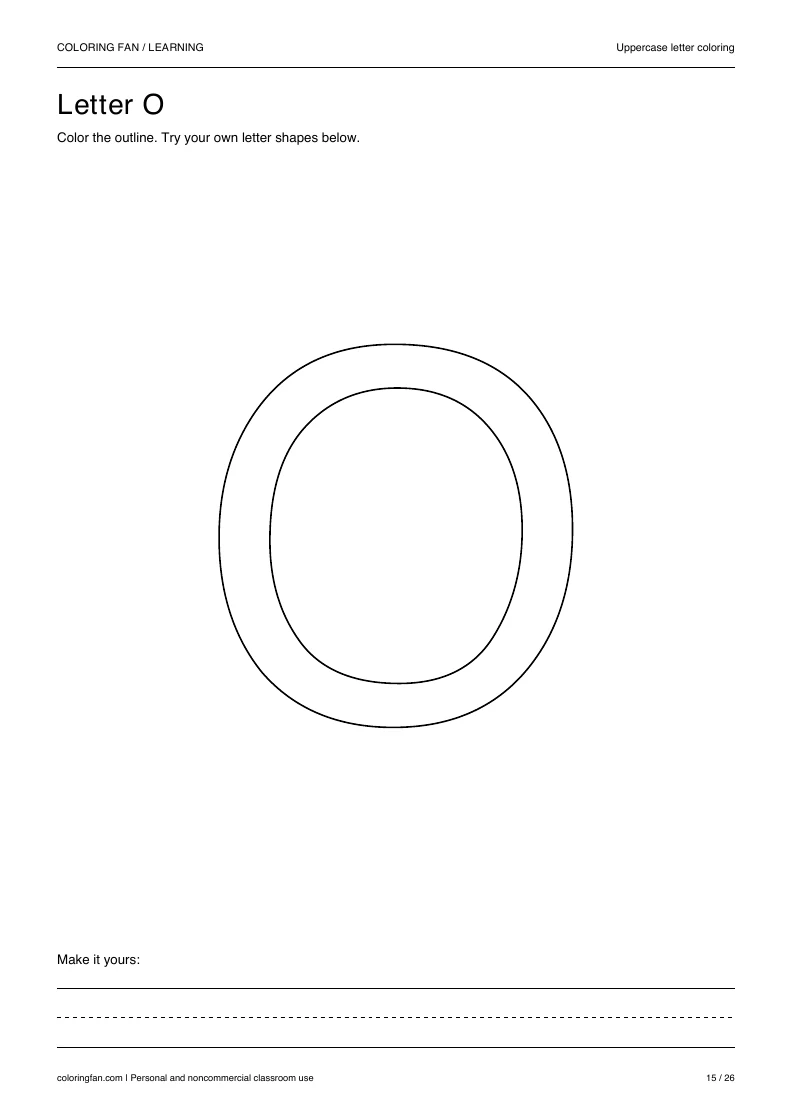 Actual uppercase letter O A4 PDF preview: large outlined letter shapes and three writing guides.