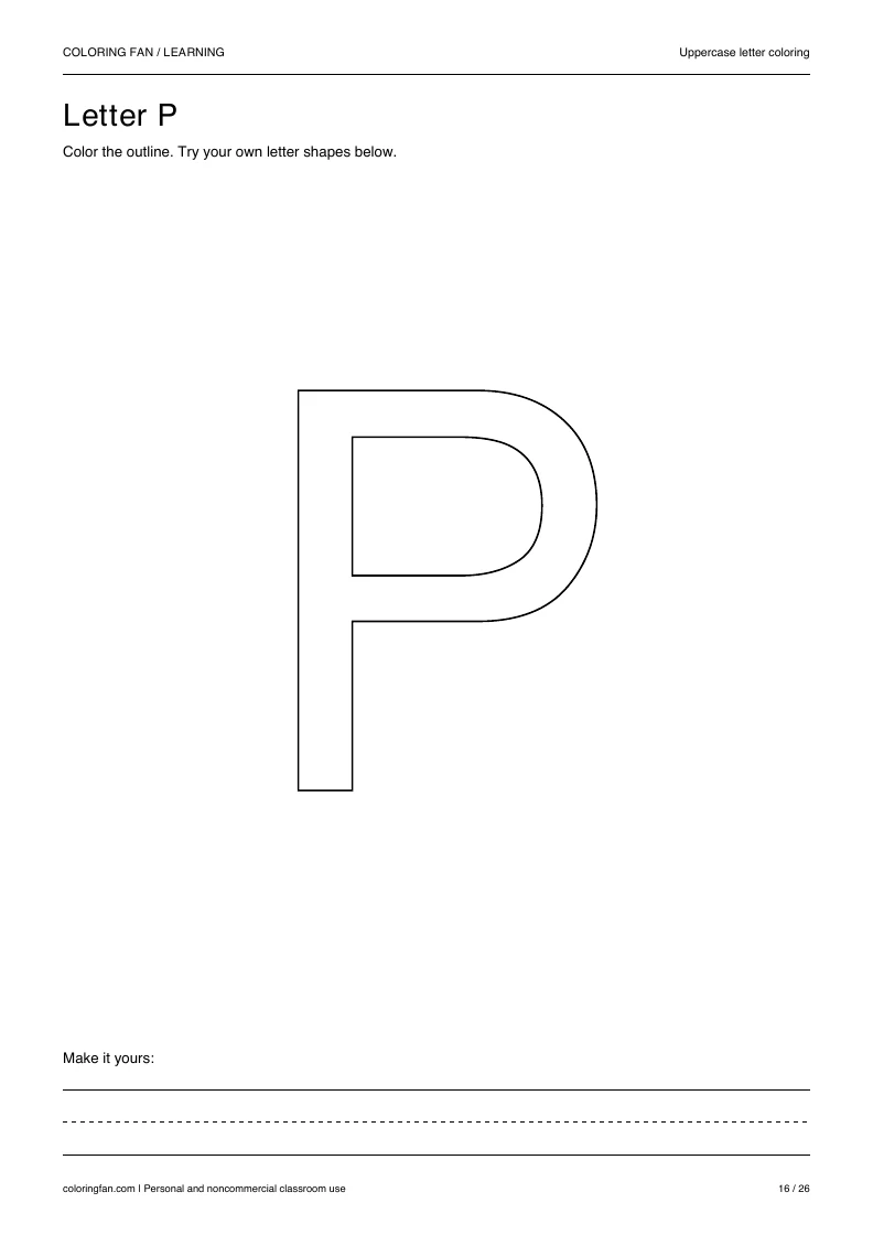 Actual uppercase letter P A4 PDF preview: large outlined letter shapes and three writing guides.
