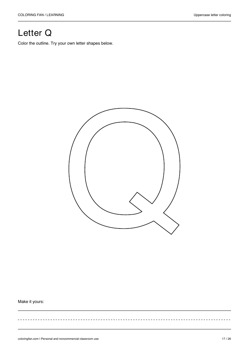 Actual uppercase letter Q A4 PDF preview: large outlined letter shapes and three writing guides.
