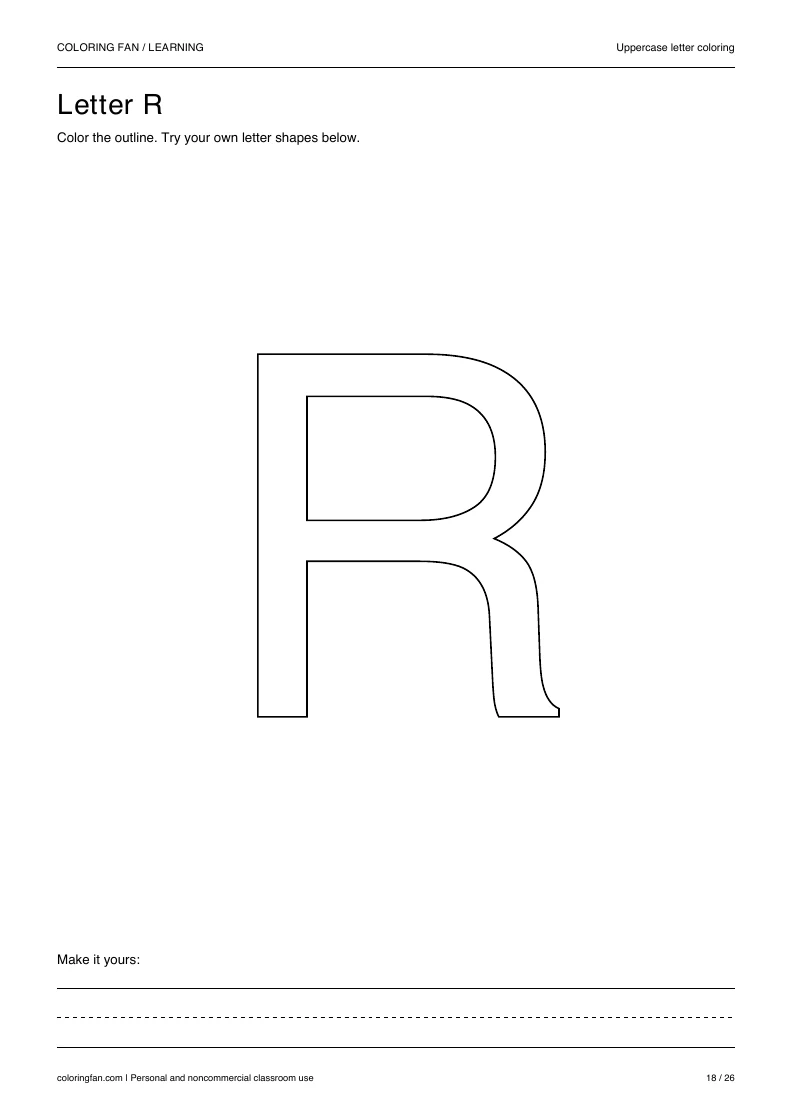 Actual uppercase letter R A4 PDF preview: large outlined letter shapes and three writing guides.