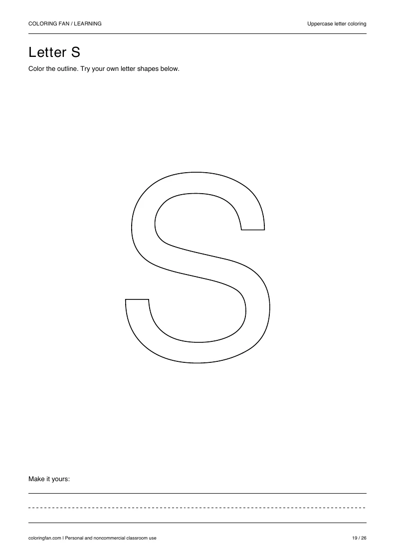 Actual uppercase letter S A4 PDF preview: large outlined letter shapes and three writing guides.