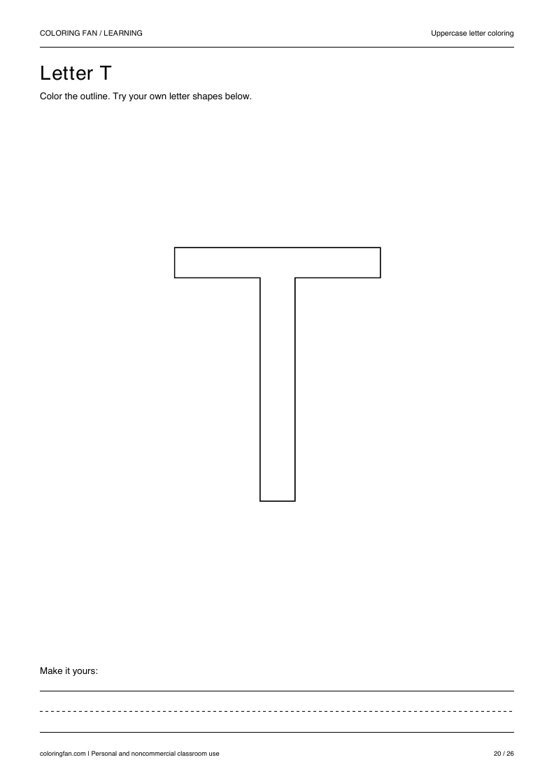 Actual uppercase letter T A4 PDF preview: large outlined letter shapes and three writing guides.