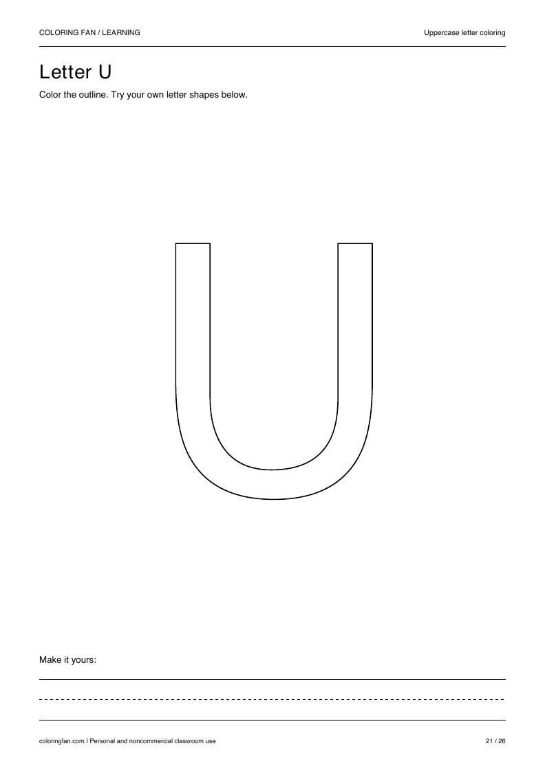 Actual uppercase letter U A4 PDF preview: large outlined letter shapes and three writing guides.