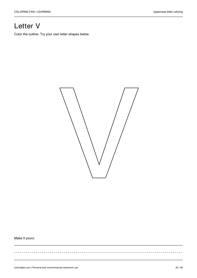 Actual uppercase letter V A4 PDF preview: large outlined letter shapes and three writing guides.