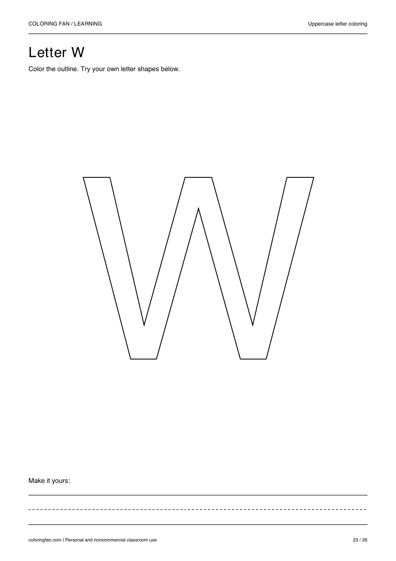 Actual uppercase letter W A4 PDF preview: large outlined letter shapes and three writing guides.