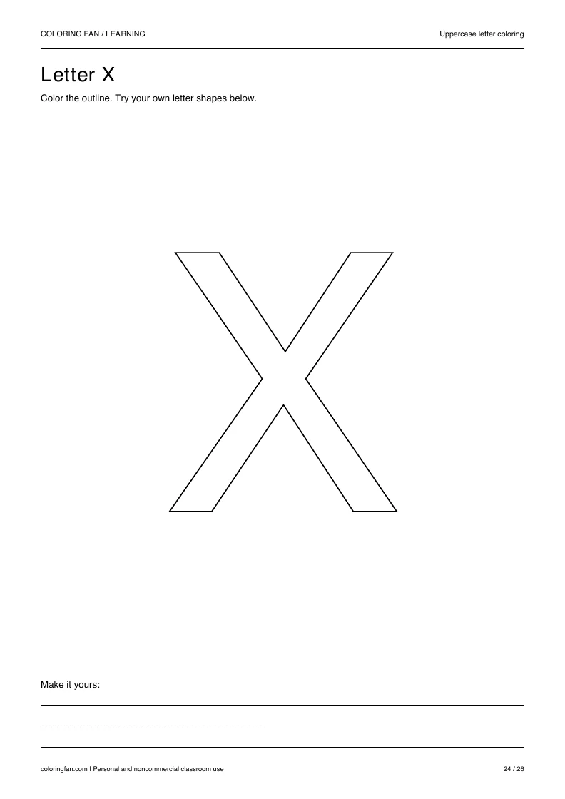 Actual uppercase letter X A4 PDF preview: large outlined letter shapes and three writing guides.