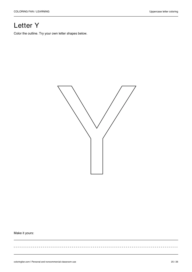 Actual uppercase letter Y A4 PDF preview: large outlined letter shapes and three writing guides.