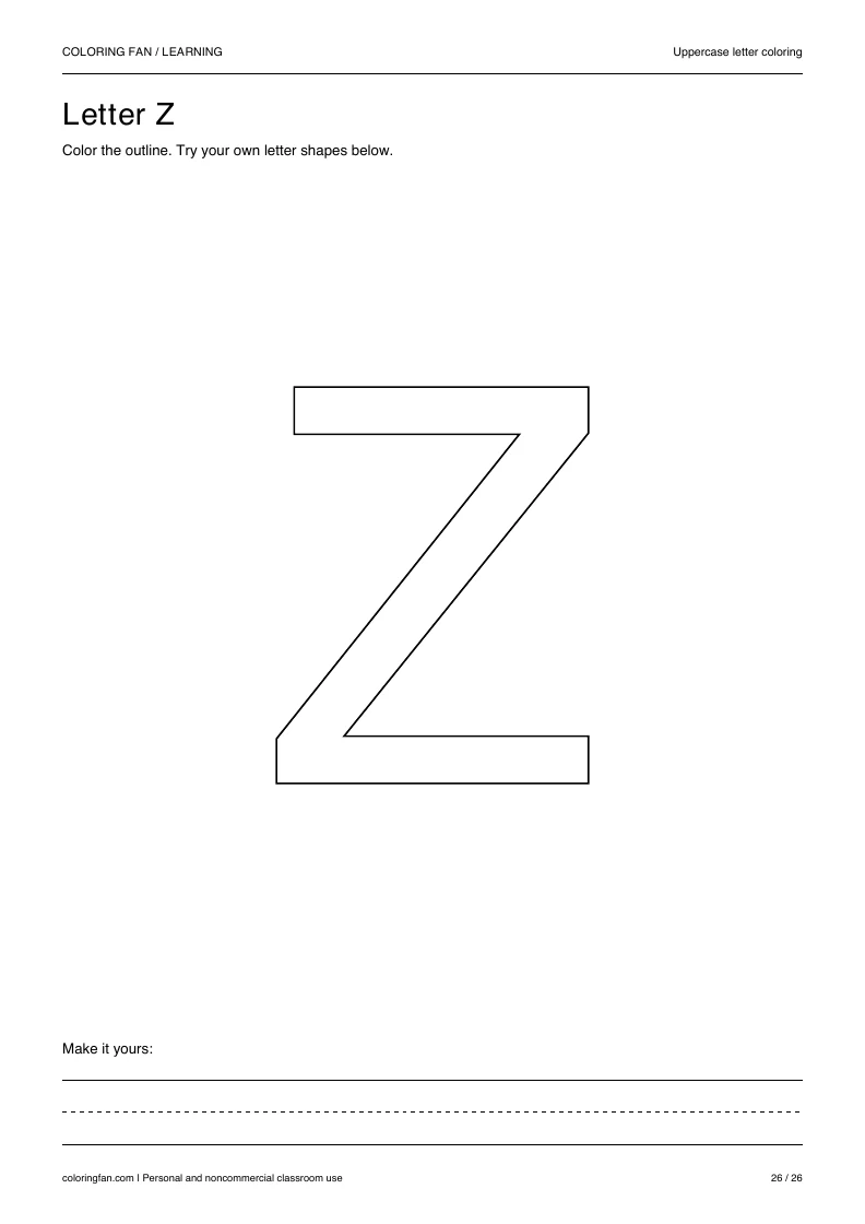 Actual uppercase letter Z A4 PDF preview: large outlined letter shapes and three writing guides.