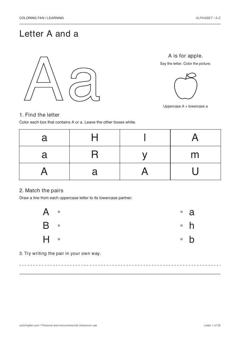 Letter A and a worksheet: outlined letters, a pictured apple, a 12-letter find grid, three case matches, and writing space.