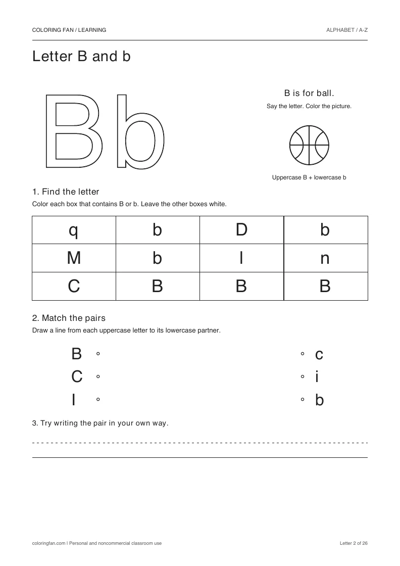 Letter B and b worksheet: outlined letters, a pictured ball, a 12-letter find grid, three case matches, and writing space.