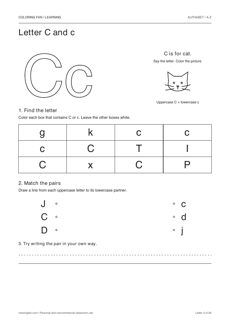 Letter C and c worksheet: outlined letters, a pictured cat, a 12-letter find grid, three case matches, and writing space.