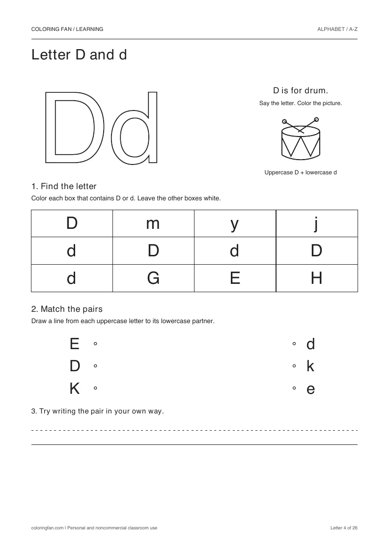 Letter D and d worksheet: outlined letters, a pictured drum, a 12-letter find grid, three case matches, and writing space.