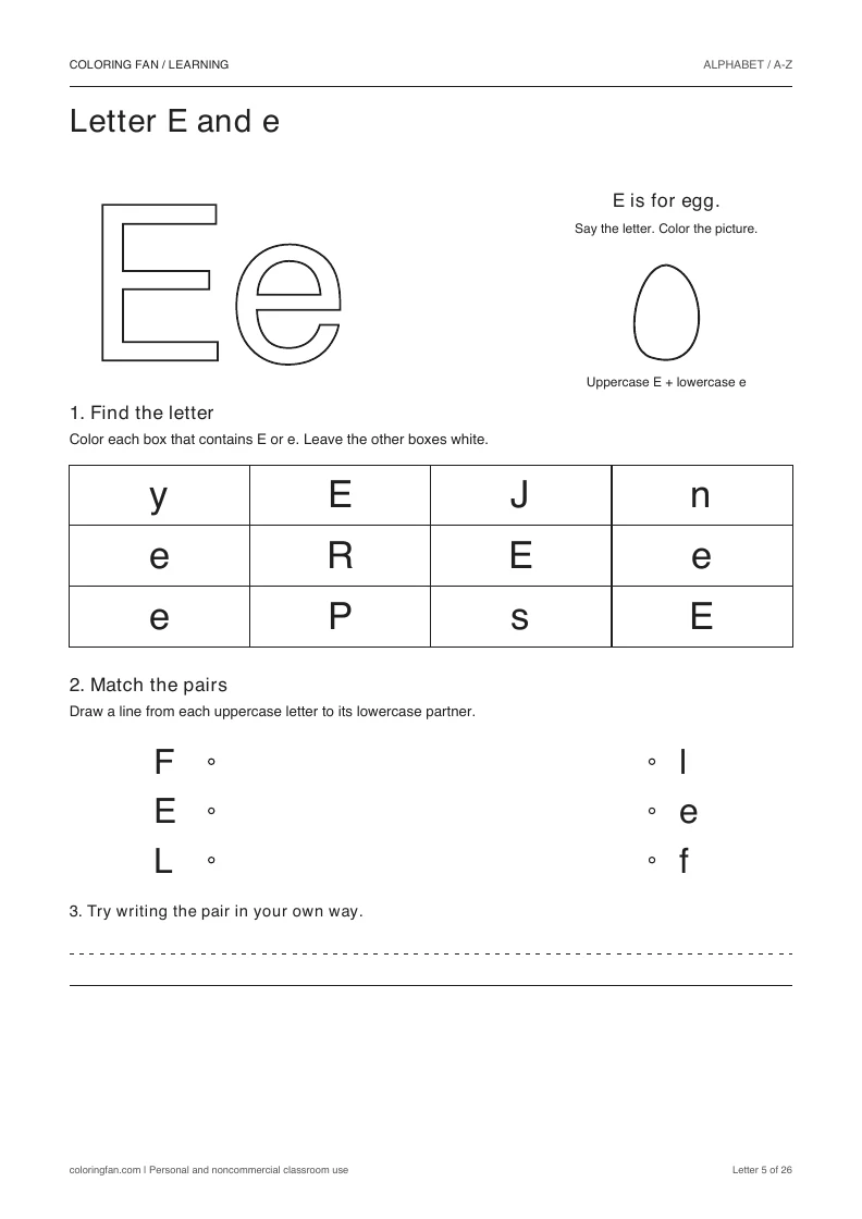 Letter E and e worksheet: outlined letters, a pictured egg, a 12-letter find grid, three case matches, and writing space.