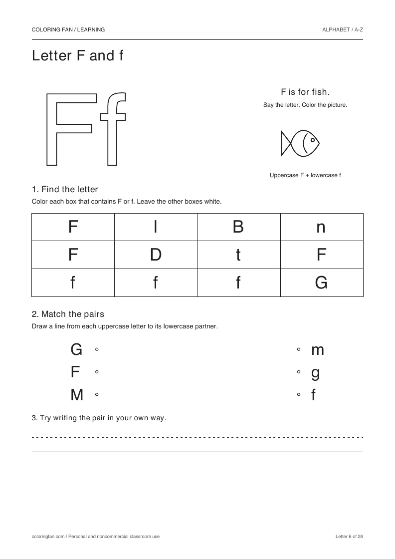 Letter F and f worksheet: outlined letters, a pictured fish, a 12-letter find grid, three case matches, and writing space.